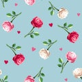 Seamless pattern with roses and hearts on blue. Vector illustration Royalty Free Stock Photo