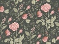 Seamless pattern Roses isolated flowers Vintage background Drawing engraving Vector illustration
