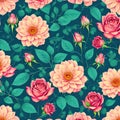 Seamless pattern with roses and leaves. Floral background with leaf branches. Royalty Free Stock Photo