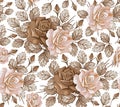 Seamless pattern Roses. Beautiful isolated flowers Vintage background Wallpaper Drawing engraving Vector illustration blooming