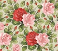 Seamless pattern Roses. Beautiful isolated flowers Vintage background Wallpaper Drawing engraving Vector illustration blooming Royalty Free Stock Photo