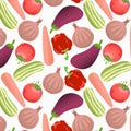 Seamless pattern of fresh vegetables like, onion, carrot, tamato, eggplant, cucumner on white background. textile design,wallpaper