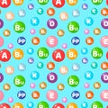 Seamless pattern with round colored vitamins. Background with trace elements for use in medicine and health.