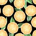 Seamless pattern of round slices of lemons with leaves.Watercolor illustration. Isolated on a black background.For your Royalty Free Stock Photo