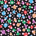 Seamless pattern with rounded spots on dark background. Irregular colorful polka dot. Vector illustration.