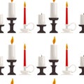 Seamless pattern row of candles with some of them lit on a white background. Royalty Free Stock Photo