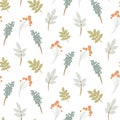 Seamless pattern with rowan berry and autumn leaves in pastel colors. Fall forest foliage and plants. Royalty Free Stock Photo