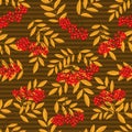 Seamless pattern with rowan berry branches on a brown striped background