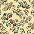 Seamless pattern of rowan branch with autumn leaves and ash berries, graphic pattern, botanical sketch, set of colored and black Royalty Free Stock Photo