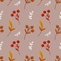 Seamless pattern, rowan branches and twigs with leaves on a beige background. Autumn print, textile, vector Royalty Free Stock Photo