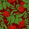 Seamless pattern with rowan. Vector Illustration. Sketch red berries and green leaves