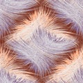 Seamless pattern with rows of grunge fluffy striped square elements in white, violet, orange colors on brown background
