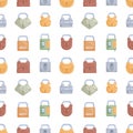 Seamless pattern with rows of metal locked closed padlocks of different shapes on white background. Endless repeatable