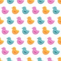 Seamless pattern rubber duck. Bath toy in flat style. Children s background in vector. Cute baby bathing toy in pink, yellow and Royalty Free Stock Photo