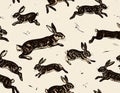 Seamless Pattern with Running Hares and Rabbits Royalty Free Stock Photo