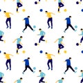 Seamless pattern with running men playing footbal kicking the ball. Bright cartoon silhouette on white backdrop.