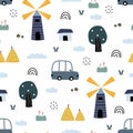 Seamless pattern Rural village cartoon background with houses and windmills