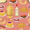 Seamless pattern with russian cuisine, traditional bagels culture food vector background. National russia menu culinary