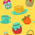 Seamless pattern with russian food and matryoshka. Pancakes and jam are the symbols of the Russian holiday Maslenitsa