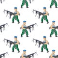 Seamless pattern of a Russian paratrooper with two machine guns on a white background. Vector image Royalty Free Stock Photo