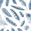 Seamless Pattern. Rustic Realistic Feathers Of Different Birds, Owls, Peacocks, Ducks. Engraved Hand Drawn In Old