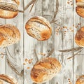 Seamless Pattern, Rustic Whole Wheat Bread Loaves and Wheat on Wood Background, Bakery Texture Royalty Free Stock Photo