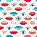 Seamless pattern in 80s style with eyes and lips.