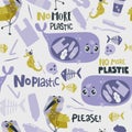 Seamless pattern with sad sea animals and plastic garbage in the ocean. No more plastic