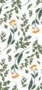 Seamless pattern with sagebrush and calendula flowers on stems with foliage on white background. Vector botanical floral texture.