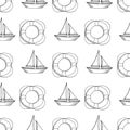 Seamless pattern with sail canvas boat and striped lifeline preserver. Hand drawn vector sketch illustration in doodle outline.