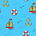 Seamless pattern with sailboat, anchor and lifebuoy Royalty Free Stock Photo