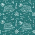 Seamless pattern with sailboat, anchor, steering wheel and lifebuoy. Marine pattern for fabric, clothes, background