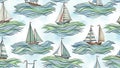 Seamless Pattern of Sailboats on Ocean Waves Royalty Free Stock Photo
