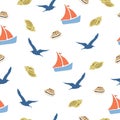 Seamless pattern sailboats, seashells, gulls. Boats, shell, flying seagull paint repeat texture, vector eps 10 Royalty Free Stock Photo