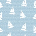 Seamless pattern with sailboats and waves on blue background Royalty Free Stock Photo