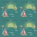 Seamless pattern with sailing-ship, sunset and clouds Royalty Free Stock Photo