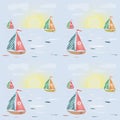 Seamless pattern with sailing-ship, sunset and clouds background Royalty Free Stock Photo