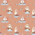 Seamless pattern of sailing ship vintage style watercolor illustration isolated on beige. Sailboat, vessel on waves