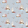 Seamless pattern of sailing ship vintage style watercolor illustration isolated on blue. Sailboat, vessel on waves