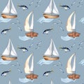 Seamless pattern of sailing ship vintage style watercolor illustration isolated on blue. Sailboat, vessel on waves, tune