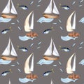 Seamless pattern of sailing ship vintage style watercolor illustration isolated on gray. Sailboat, vessel on waves, tune