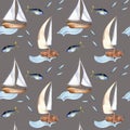Seamless pattern of sailing ship vintage style watercolor illustration isolated on gray. Sailboat, vessel on waves, tune, fish
