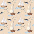 Seamless pattern of sailing ship vintage style watercolor illustration isolated on pink. Sailboat, vessel on waves, tune