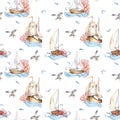 Seamless pattern of sailing ship vintage style watercolor illustration isolated on white. Sailboat, vessel on waves