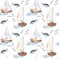 Seamless pattern of sailing ship vintage style watercolor illustration isolated on white. Sailboat, vessel on waves