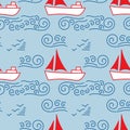 Seamless pattern with Sailing yacht in the sea, waves and clouds. Line doodle sketch. Hand drawn Vector illustration Royalty Free Stock Photo