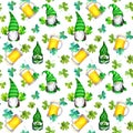 Seamless pattern for Saint Patrick day - gnomes, lucky four leaf clover, beer mugs. Watercolor holiday repeated backdrop