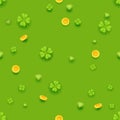 Seamless Pattern Saint Patrick Day Gold Coins Clover Green Hearts Background Greeting Card Flat Design Vector