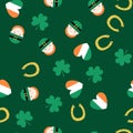 Seamless pattern for Saint Patrick`s Day. Leprechaun, horseshoe, shamrock and heart in irish flag colors Royalty Free Stock Photo