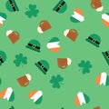 Seamless pattern for Saint Patrick`s Day. Leprechaun`s hat, beer, shamrock and heart in irish flag colors Royalty Free Stock Photo